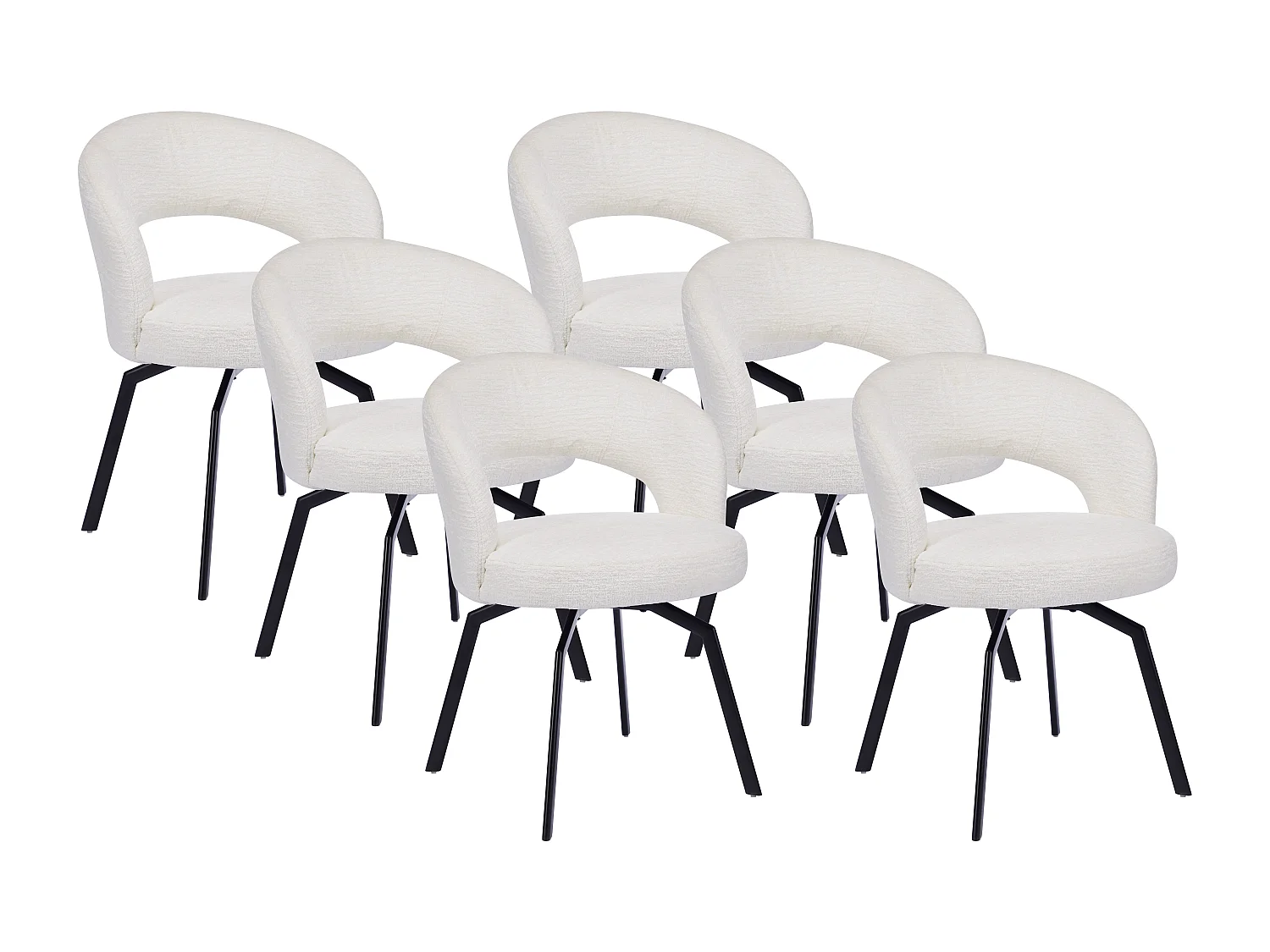 Conjunto de 6 cadeiras giratórias em tecido texturizado e metal preto cor creme - MILEANE