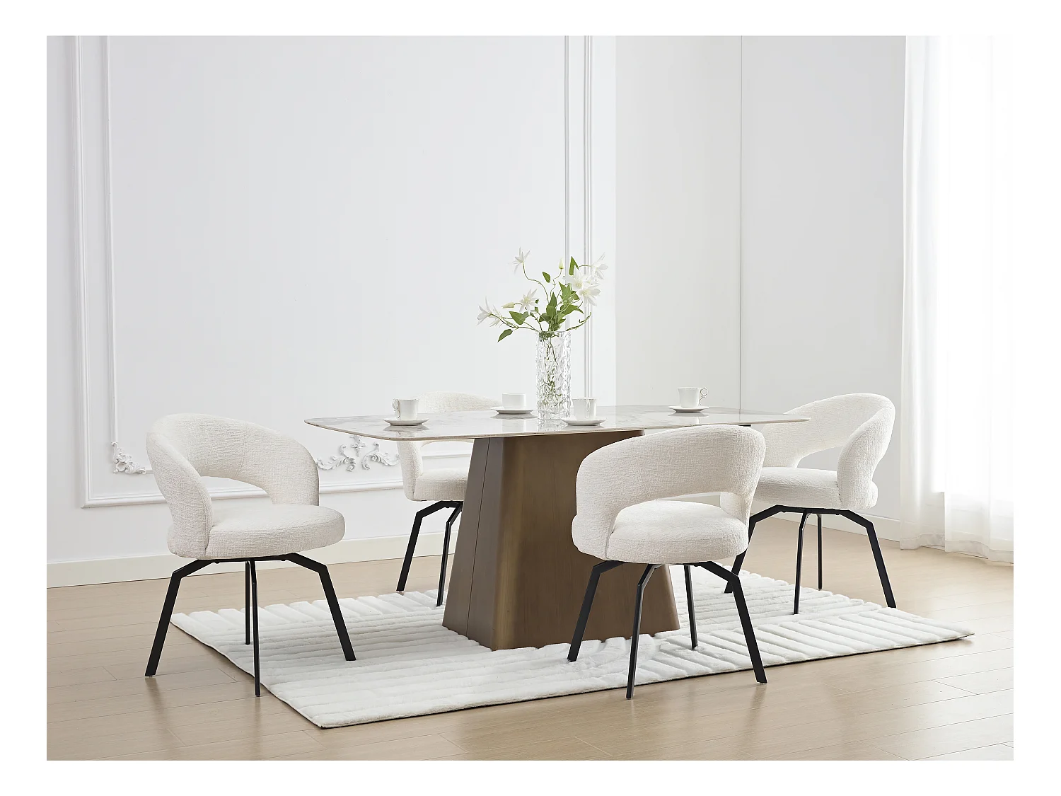 Lot de 6 chaises pivotantes en tissu texturé et métal noir - Crème - MILEANE