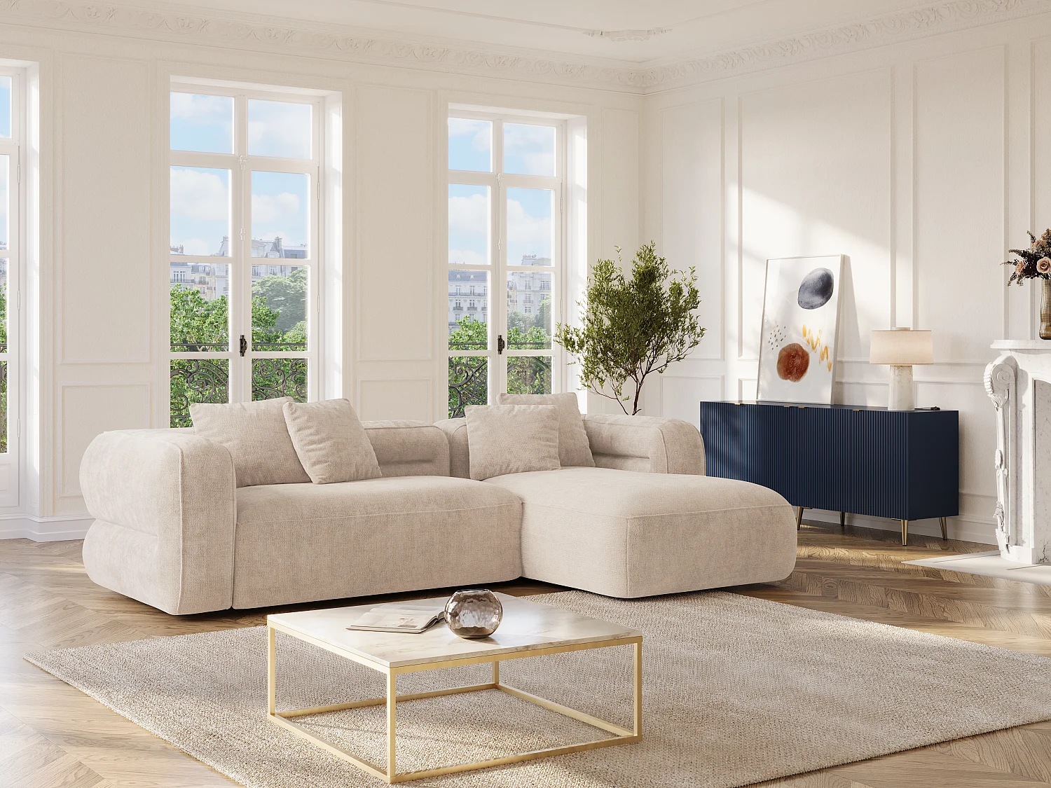 Canapé d'angle droit en tissu texturé beige TREVALIS