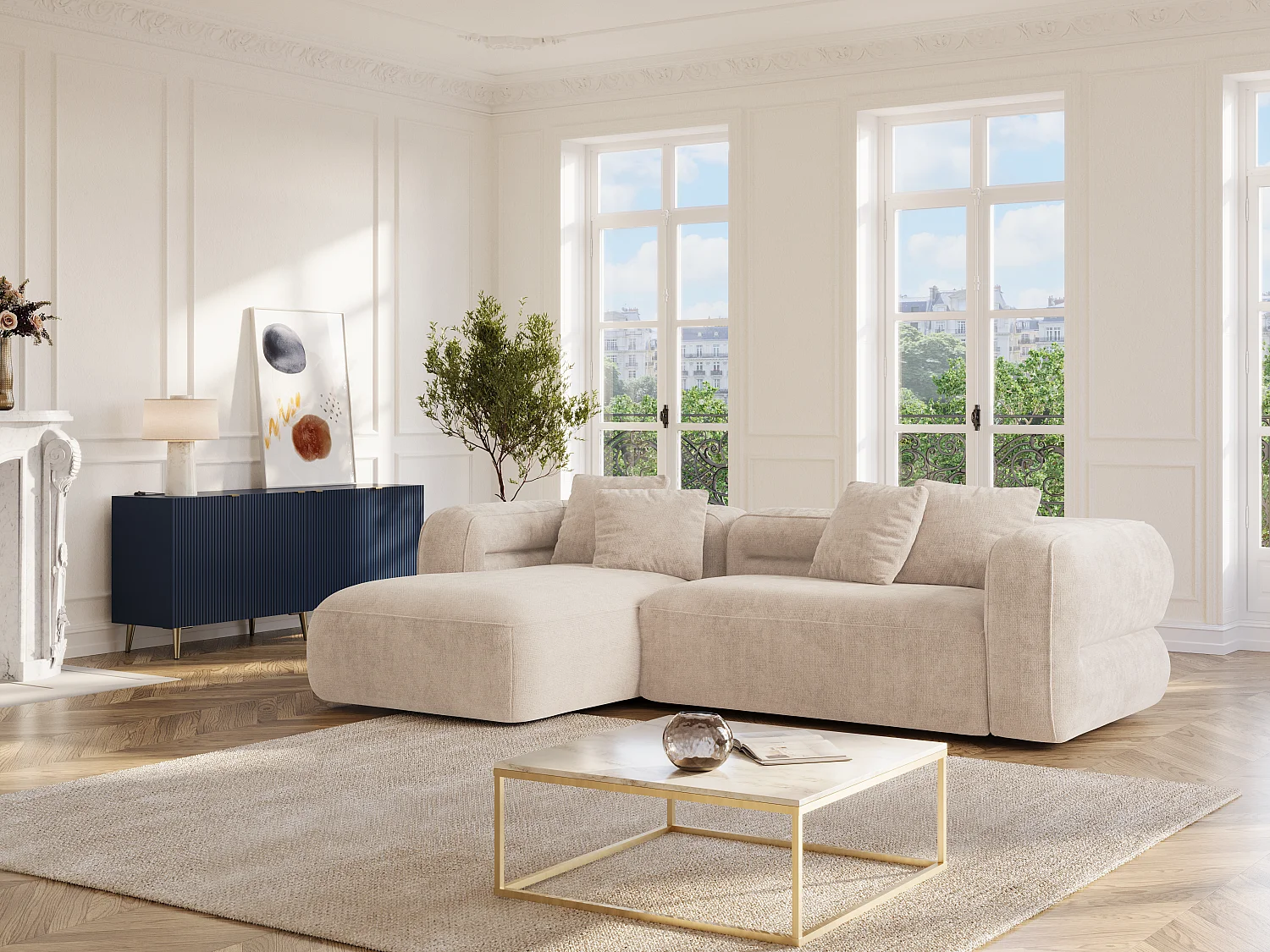 Vänster soffhörna i beige texturerat tyg TREVALIS