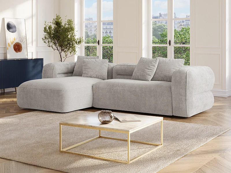 Kanapa narożna lewostronna z jasnoszarą teksturowaną tapicerką - TREVALIS