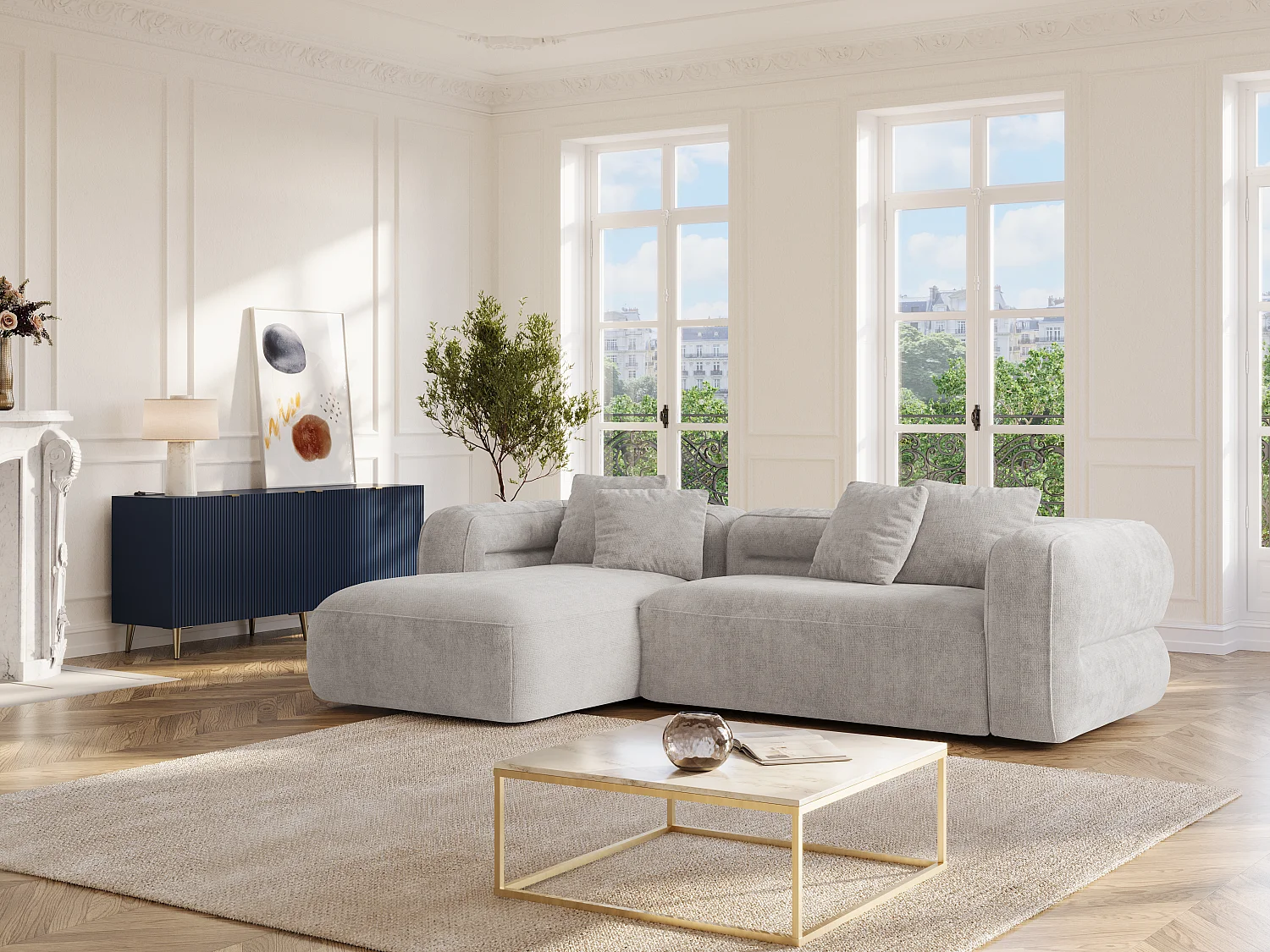 Canapé d'angle gauche en tissu texturé gris clair TREVALIS