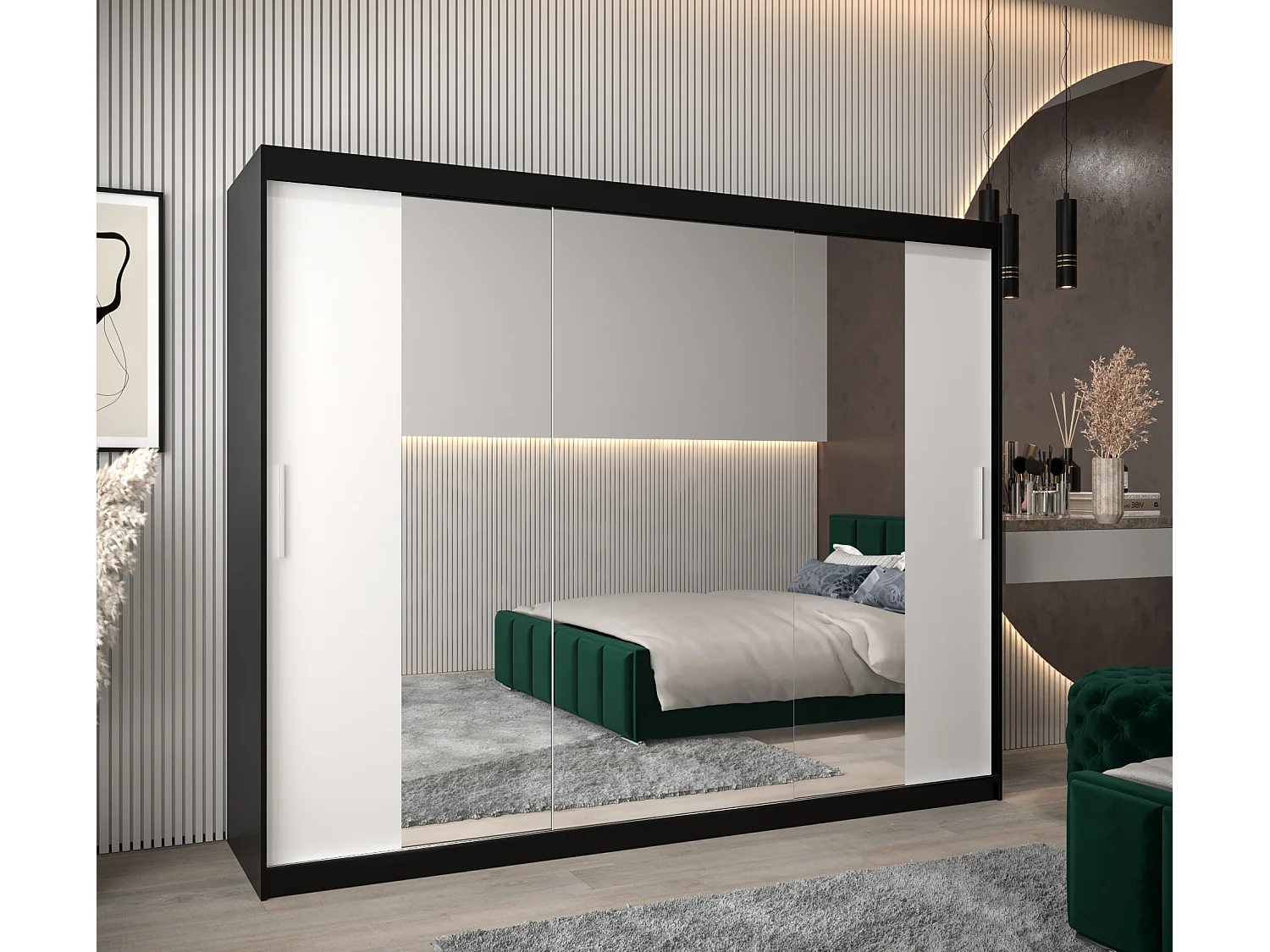 Armoire Tokyo 2 À Portes Coulissantes 200/250/62 3 Portes (Noir/Blanc)