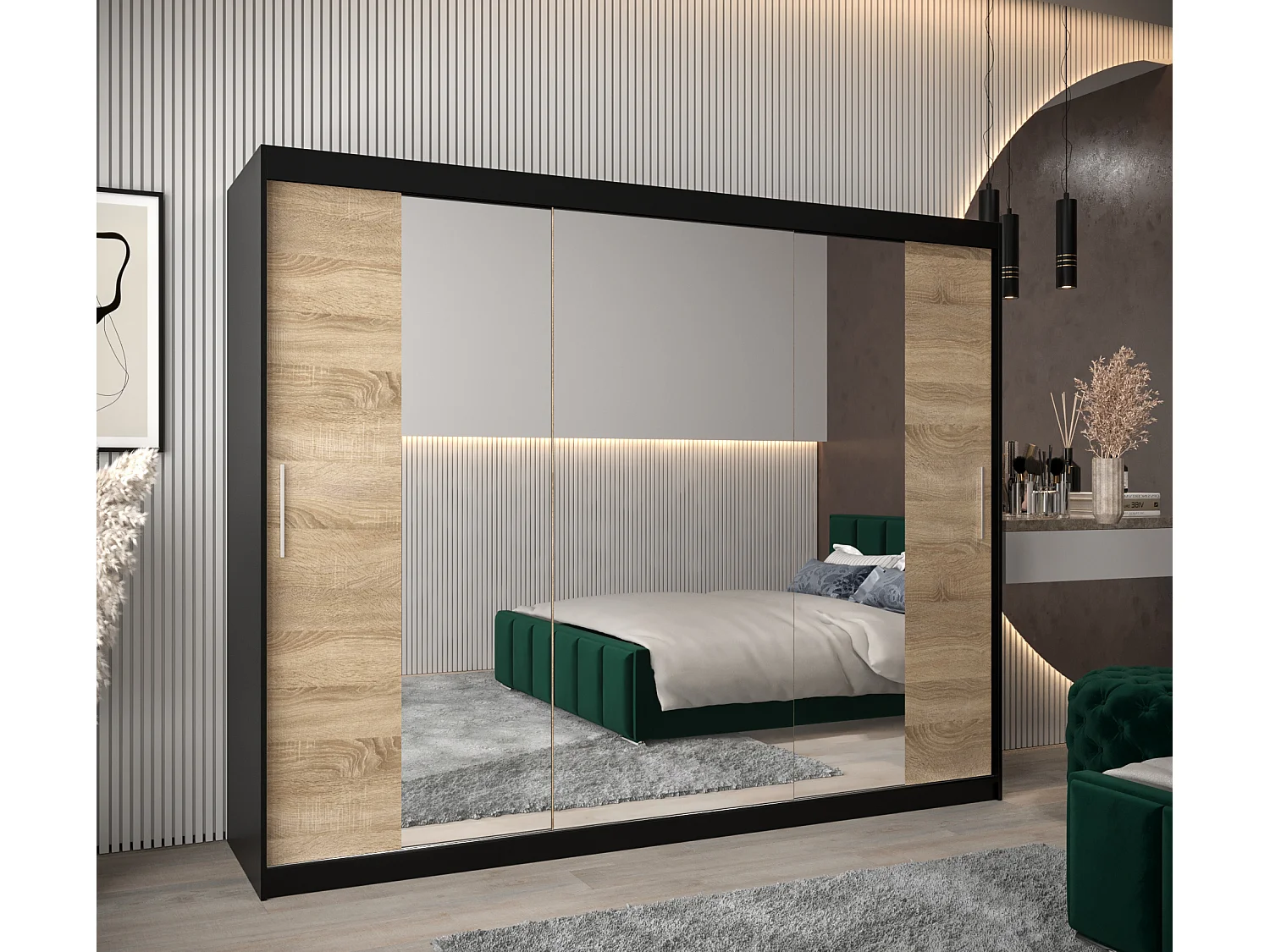 Armoire Tokyo 2 À Portes Coulissantes 200/250/62 3 Portes (Noir/Sonoma)