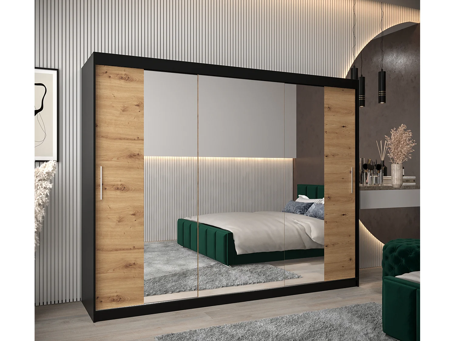 Armoire Tokyo 2 À Portes Coulissantes 200/250/62 3 Portes (Noir/Artisan)