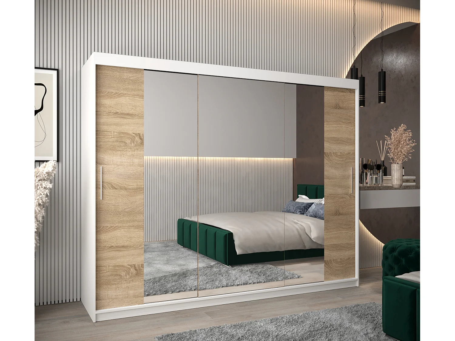 Armoire Tokyo 2 À Portes Coulissantes 200/250/62 3 Portes (Blanc/Sonoma)