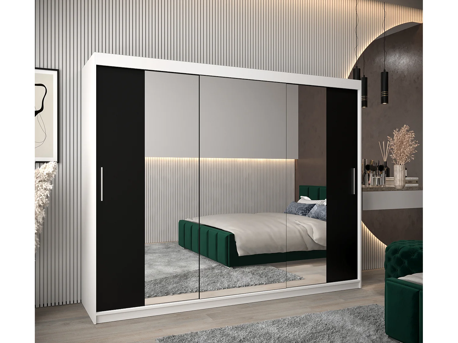 Armoire Tokyo 2 À Portes Coulissantes 200/250/62 3 Portes (Blanc/Noir)