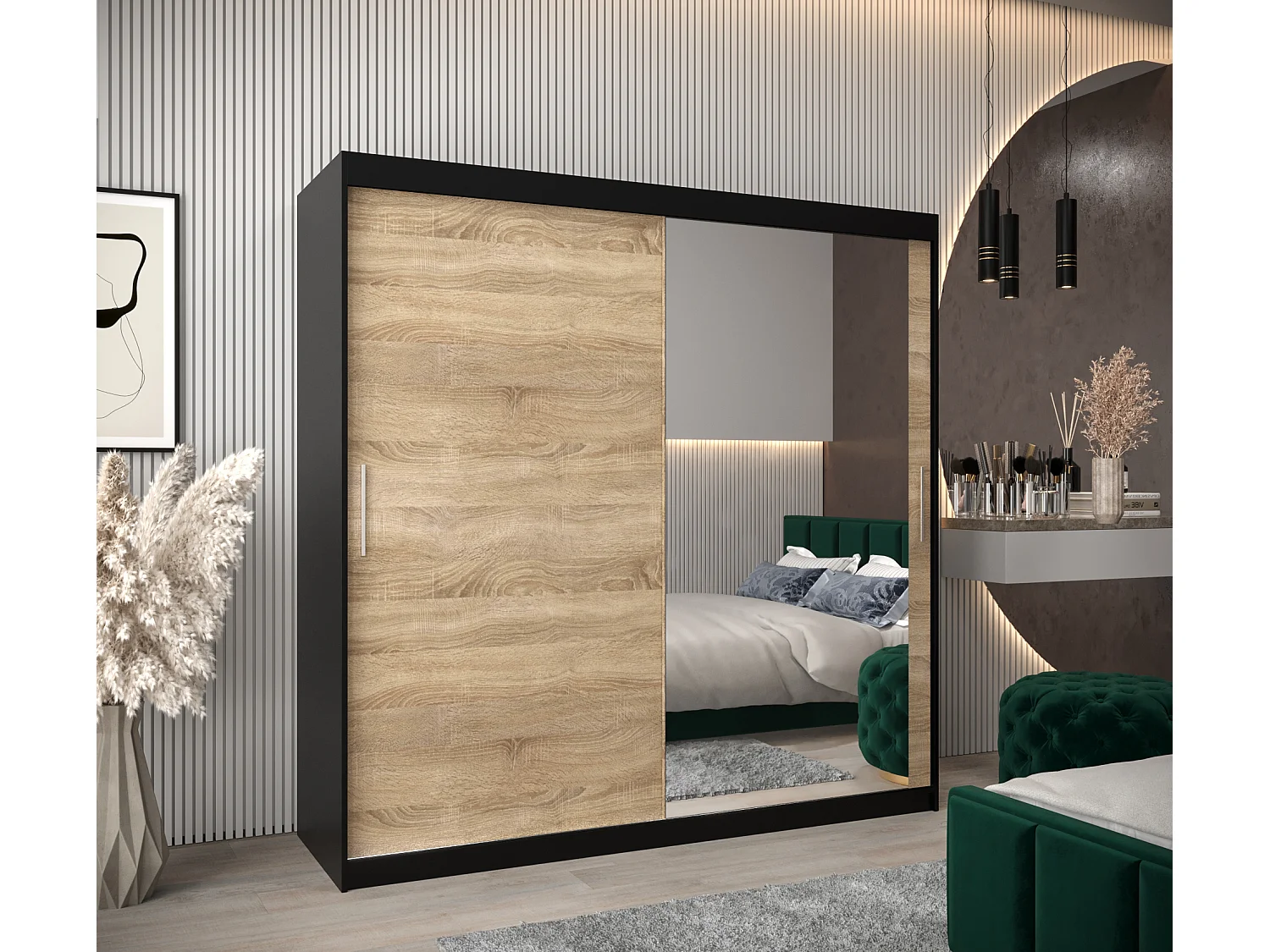 Schwebetürenschrank Tokyo 2 200/200/62 2-Türig (Schwarz/Sonoma)