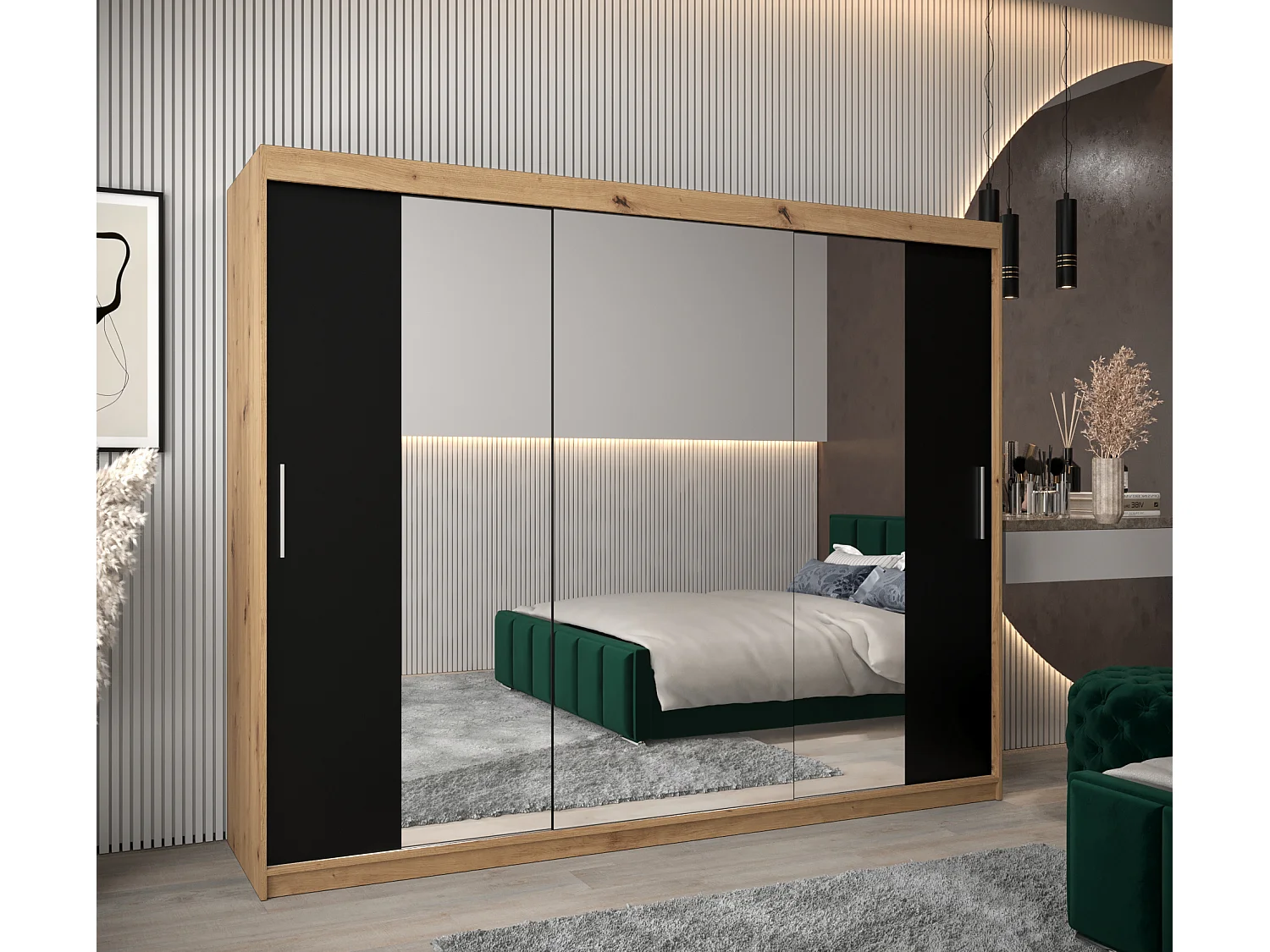 Armoire Tokyo 2 À Portes Coulissantes 200/250/62 3 Portes (Artisan/Noir)