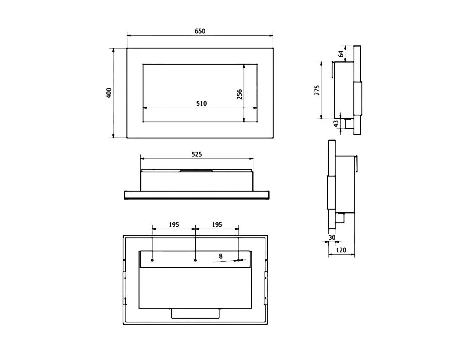 Pisa - Cheminée à bioéthanol murale ou à encastrer au mur 65x12xH40 cm
