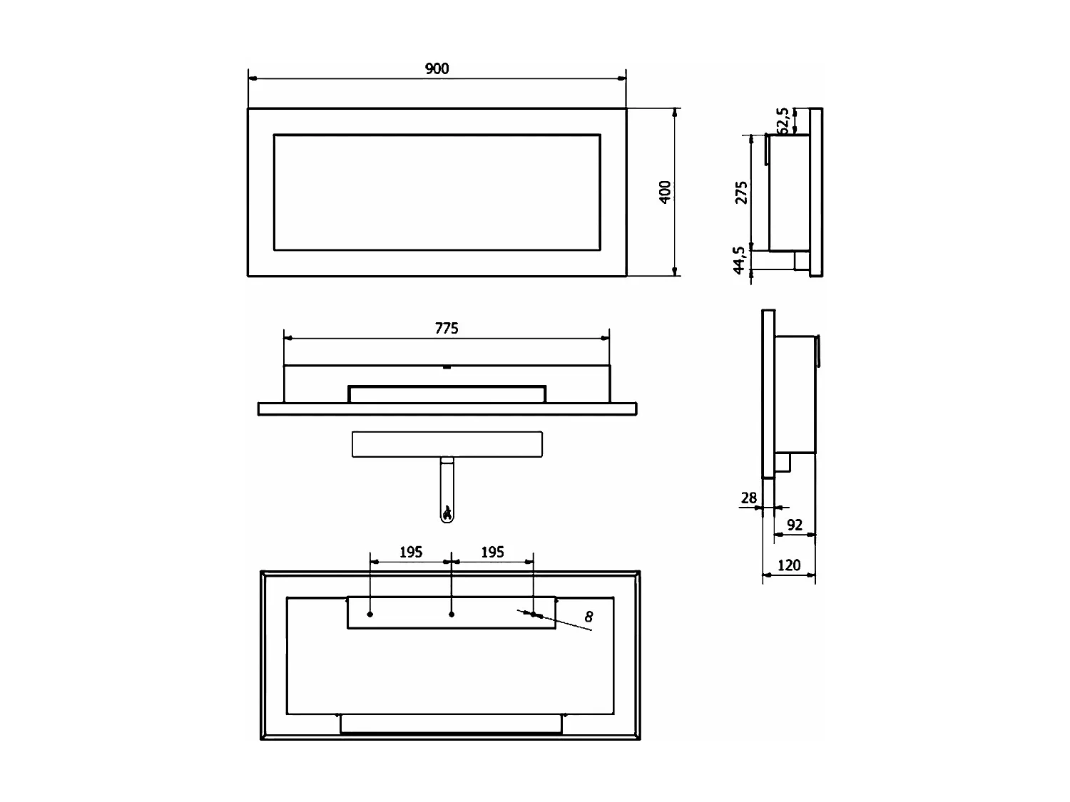 Lucca - Chimenea de bioetanol pared o de empotrar en pared 90x12xH40 cm