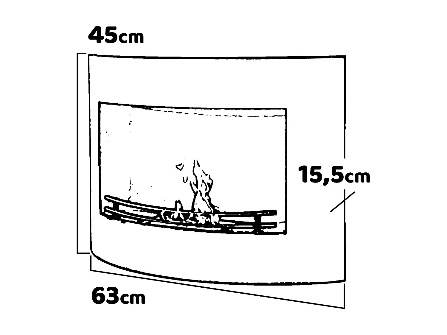 Tokyo - Cheminée éthanol murale avec bord arrondi 63x15,5xH45 cm