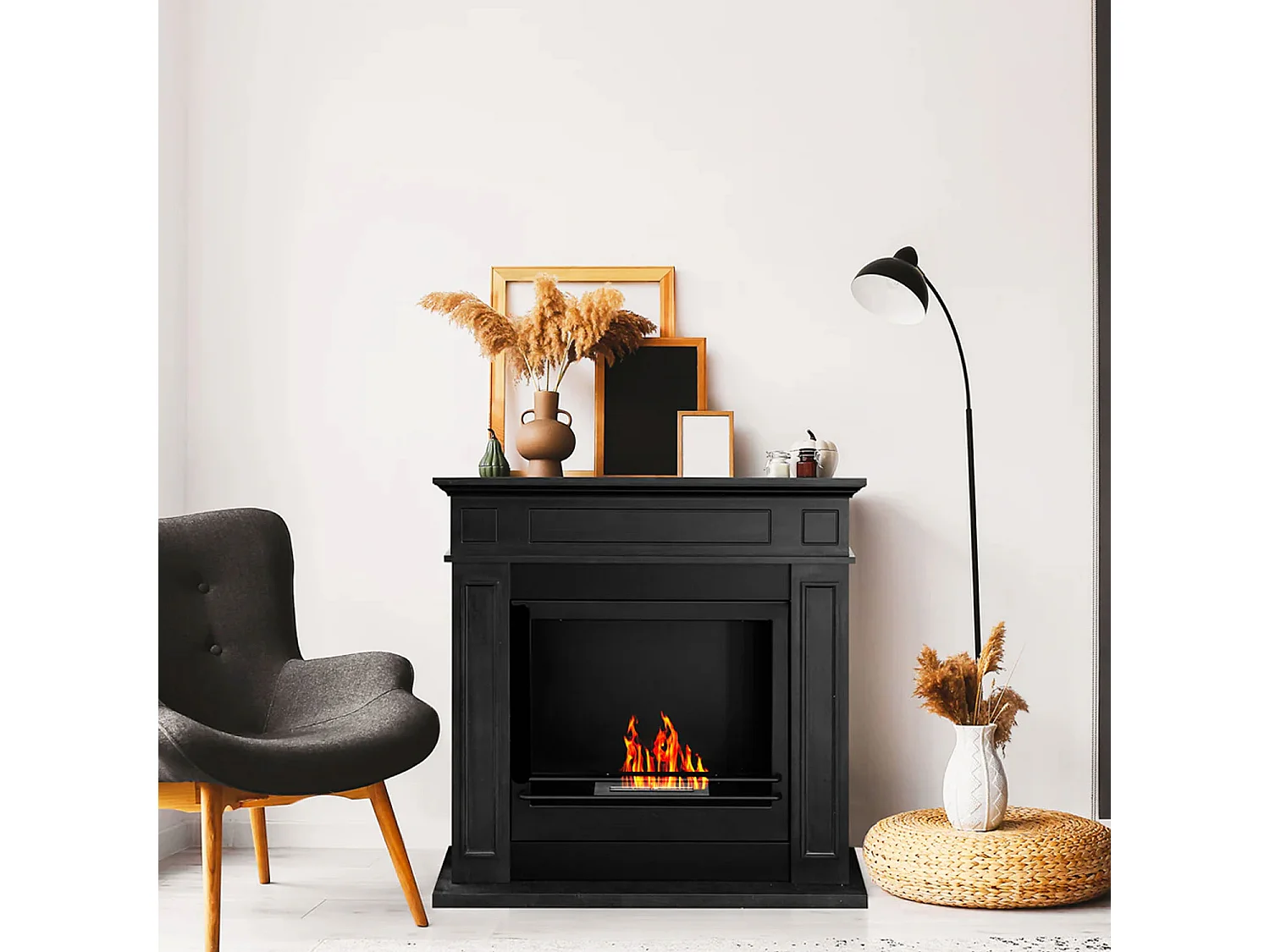 Jefferson - Cheminée au bioéthanol de sol en bois 89,5x28xH90,5 cm, couleur noire