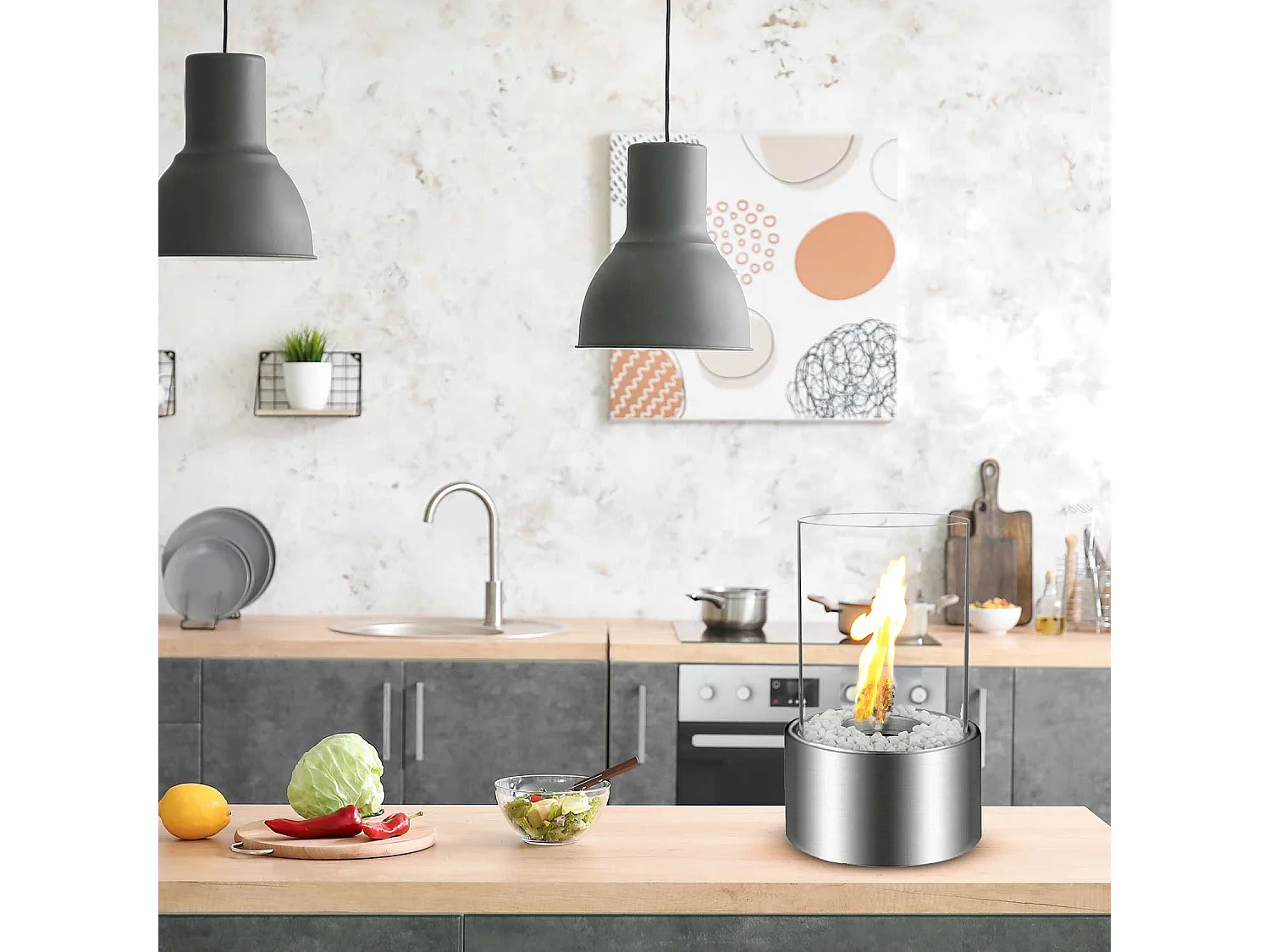 Marsiglia - Camino a bioetanolo da tavolo per interni ed esterni ø16 x H27 cm, colore silver