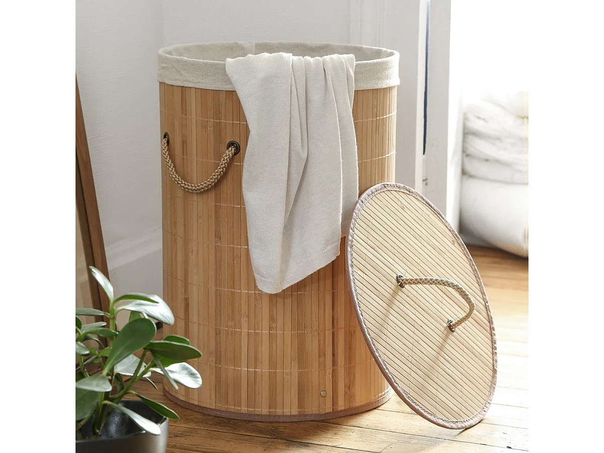 Cesto portabiancheria rotondo in bambù 60L - H50 cm
