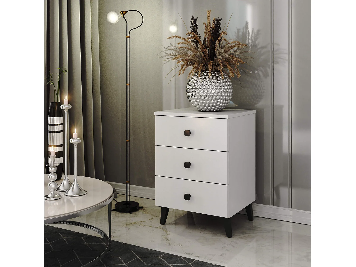 Table de chevet AKORD MOBI Blanc 40 cm 3 tiroirs façade Blanche 40x37x58 cm