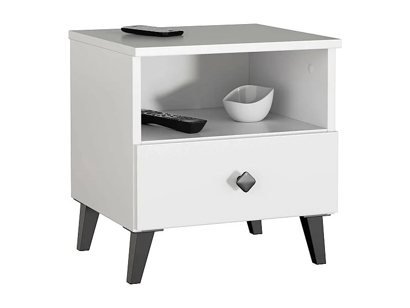 Nachtkastje MOBI met 1 Lade / AKORD Furniture Factory / Wit met Zwarte Handgrepen / 40 x 43 x 37 cm