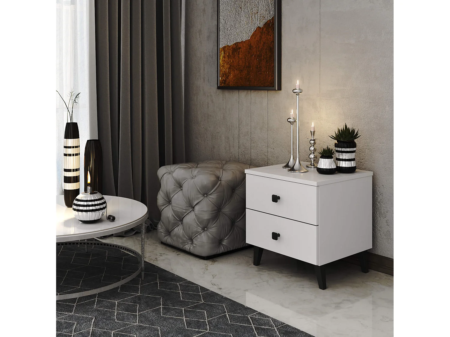 Nachtkastje MOBI met 2 Lades / AKORD Furniture Factory / Wit met Zwarte Handgrepen / 40 x 43 x 37 cm