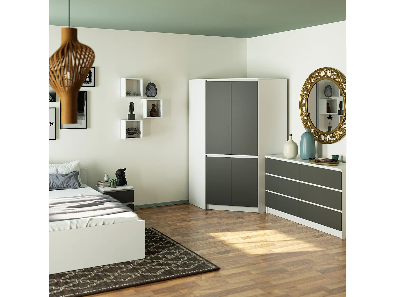 Armoire d'angle AKORD S100 Blanche 100 cm 4 portes façade Grise 6 étagères 100x50x180 cm