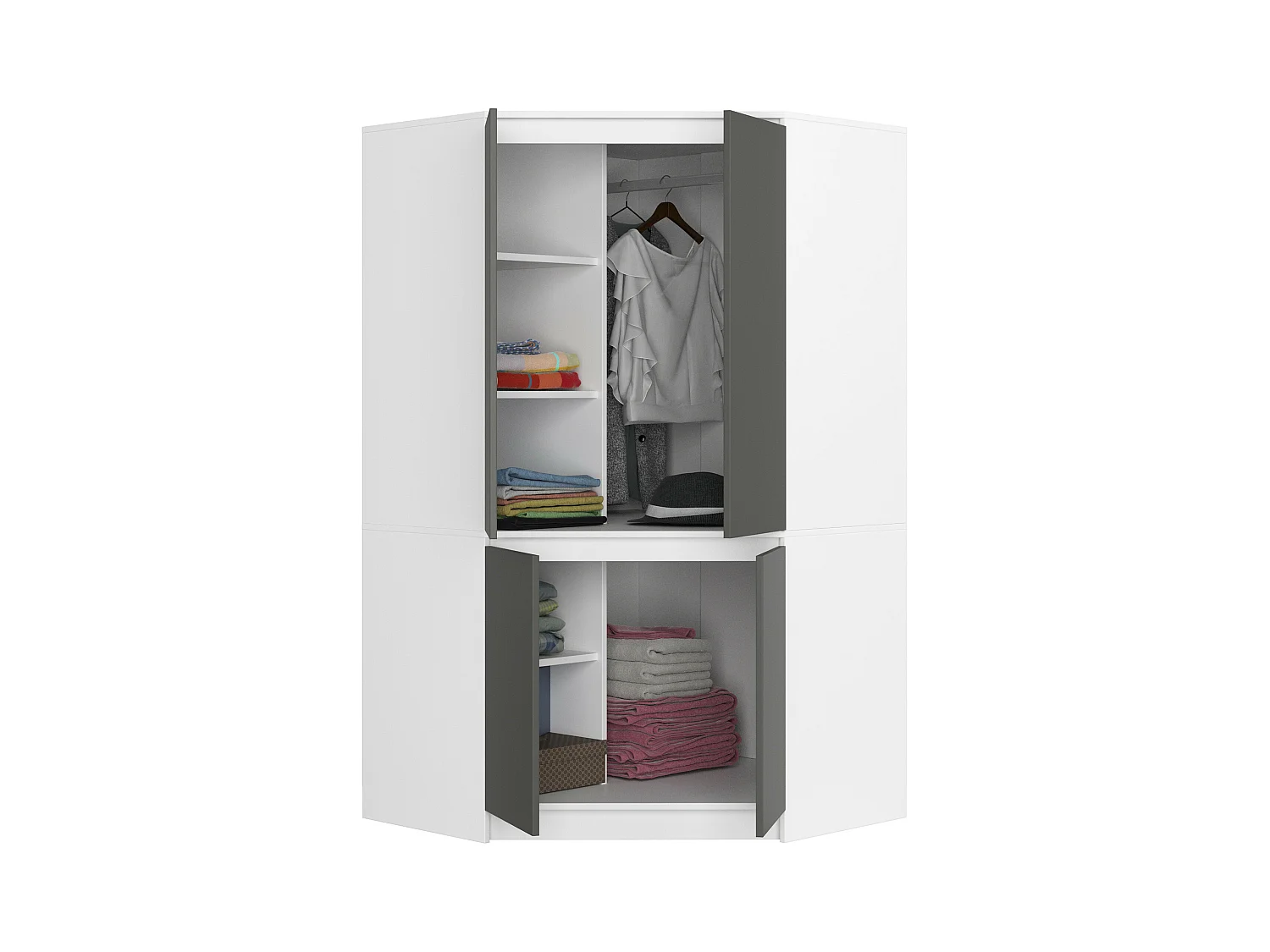 Kleiderschrank Weiß 100 cm 4 Türen Front Grau 6 Regalböden B100xH180xT50 cm