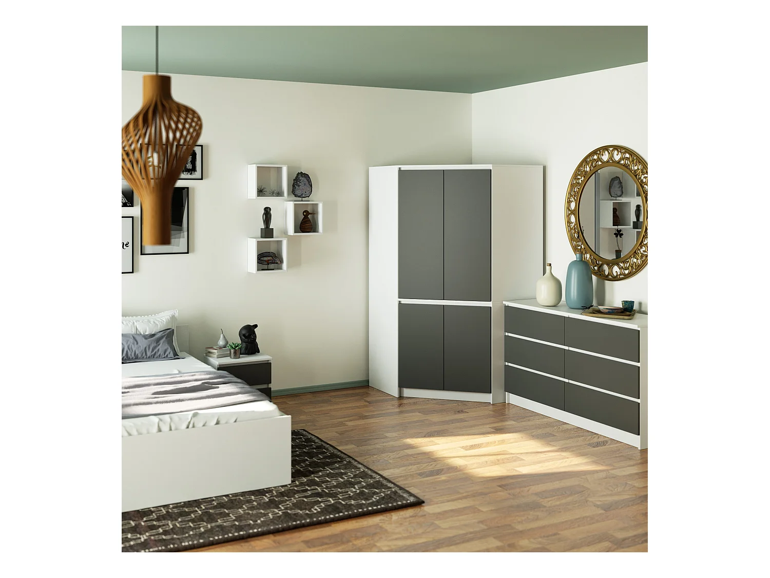 Kleiderschrank Weiß 100 cm 4 Türen Front Grau 6 Regalböden B100xH180xT50 cm