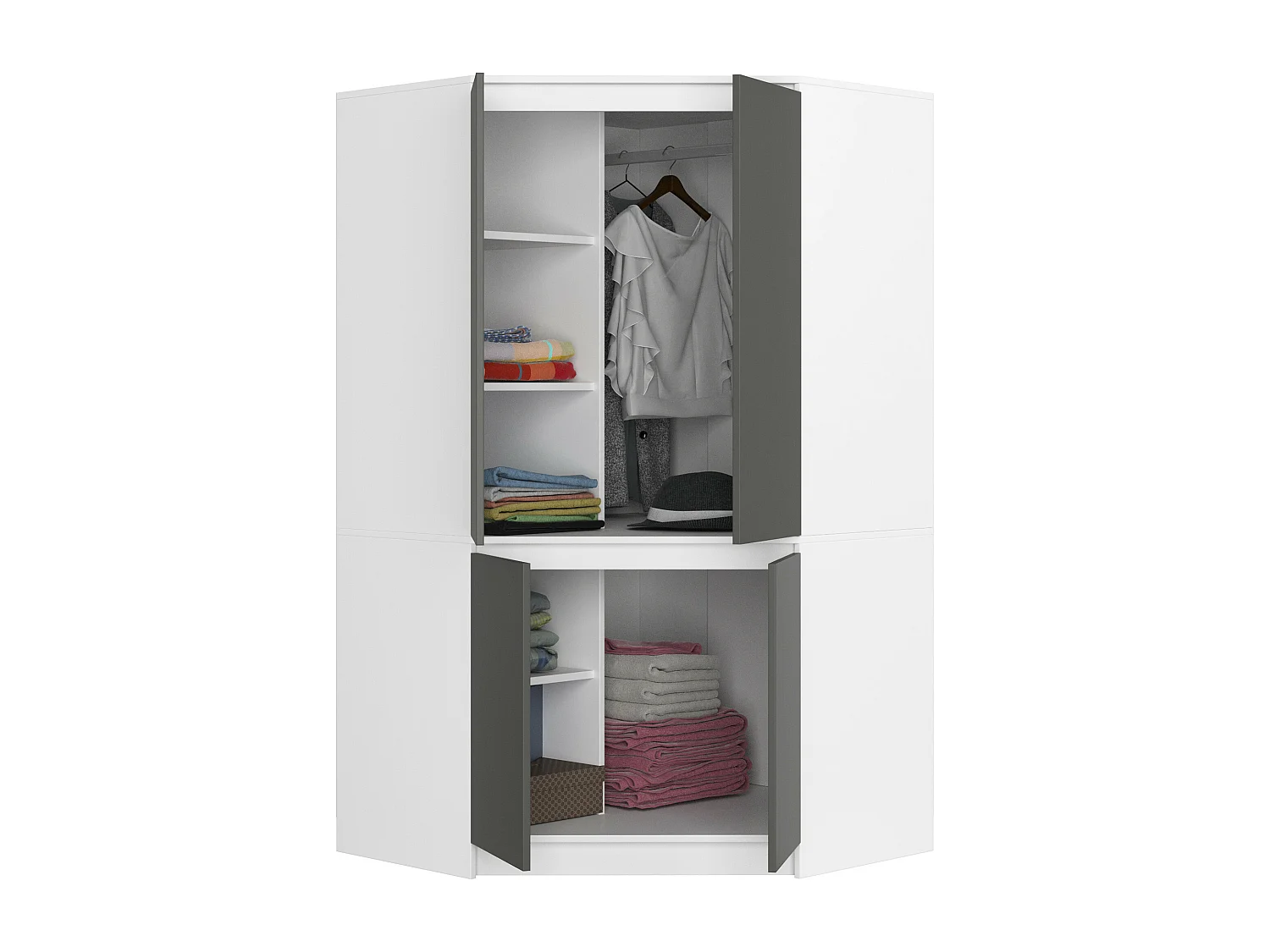Kleiderschrank Weiß 100 cm 4 Türen Front Grau 6 Regalböden B100xH180xT50 cm