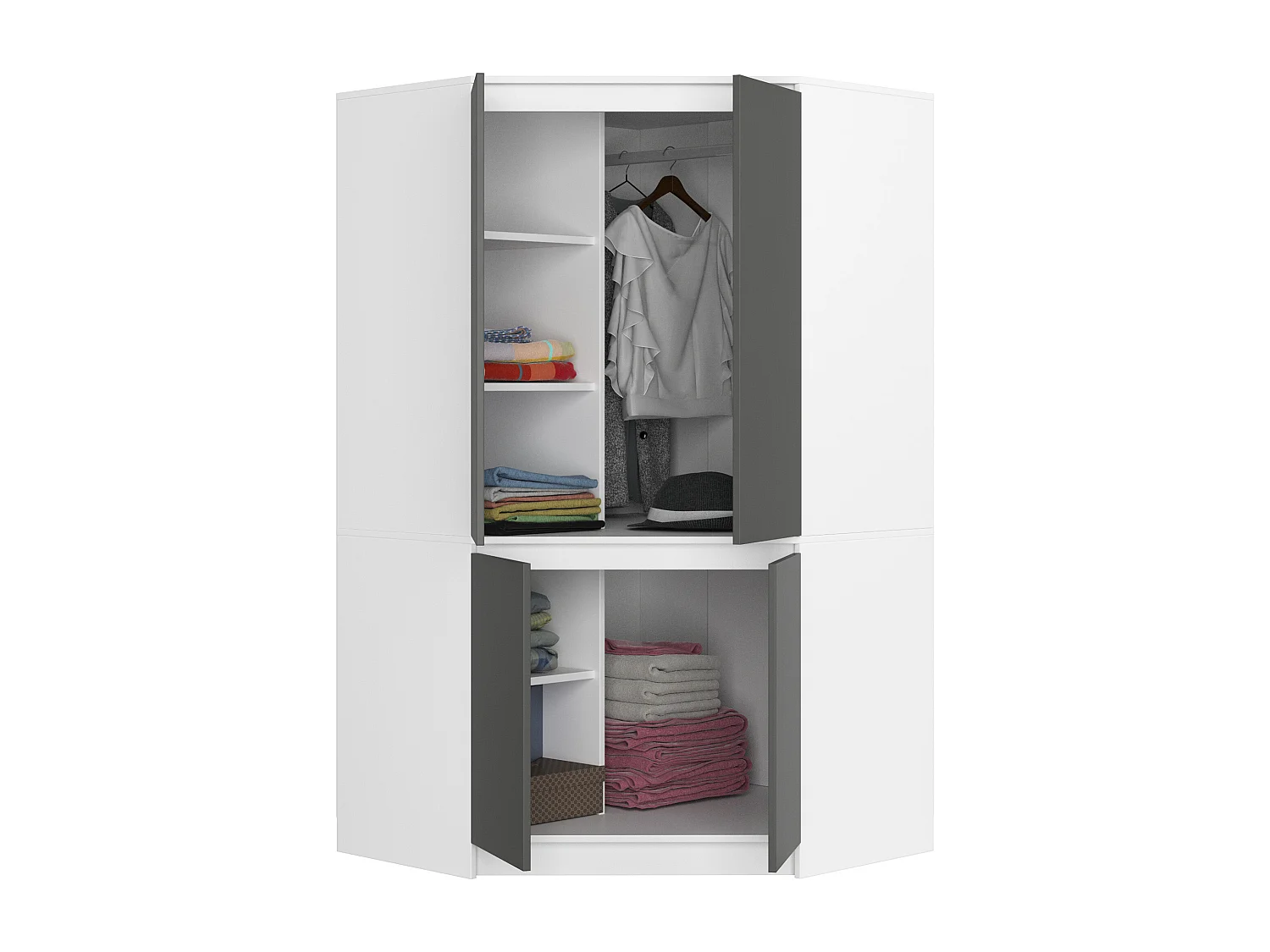 Hoekkast S100 / Kleidingkast met 4 Deuren / AKORD Furniture Factory / Wit - Grafietgrijs / 100 x 180 x 50 cm