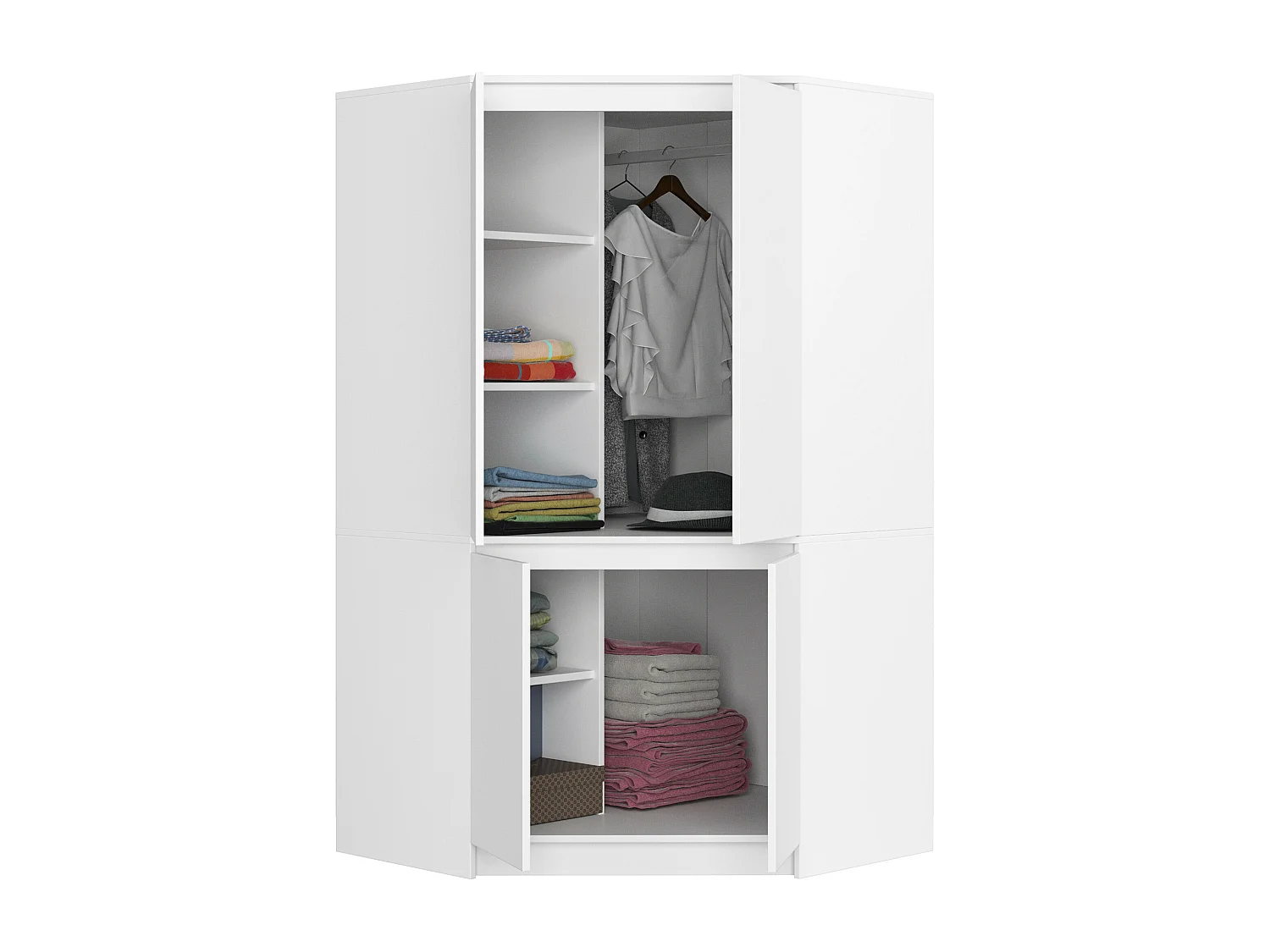 Hoekgarderobe S100 4D Wit Matte Afwerking - Zelfmontage - 4 Deuren, 6 Schappen - 100x180x50 cm
