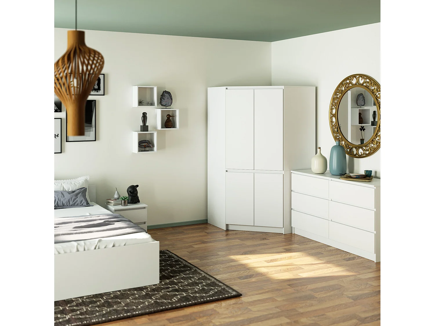 Armoire d'angle AKORD S100 Blanche 100 cm 4 portes façade Blanche 6 étagères 100x50x180 cm