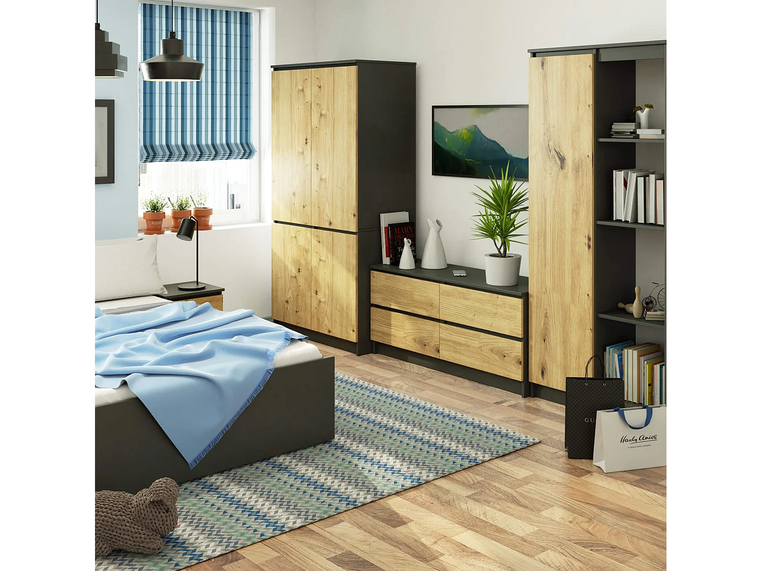 Grafiet Grijze Staande Kast S90 4D Dąb Artisan 90x180x51cm