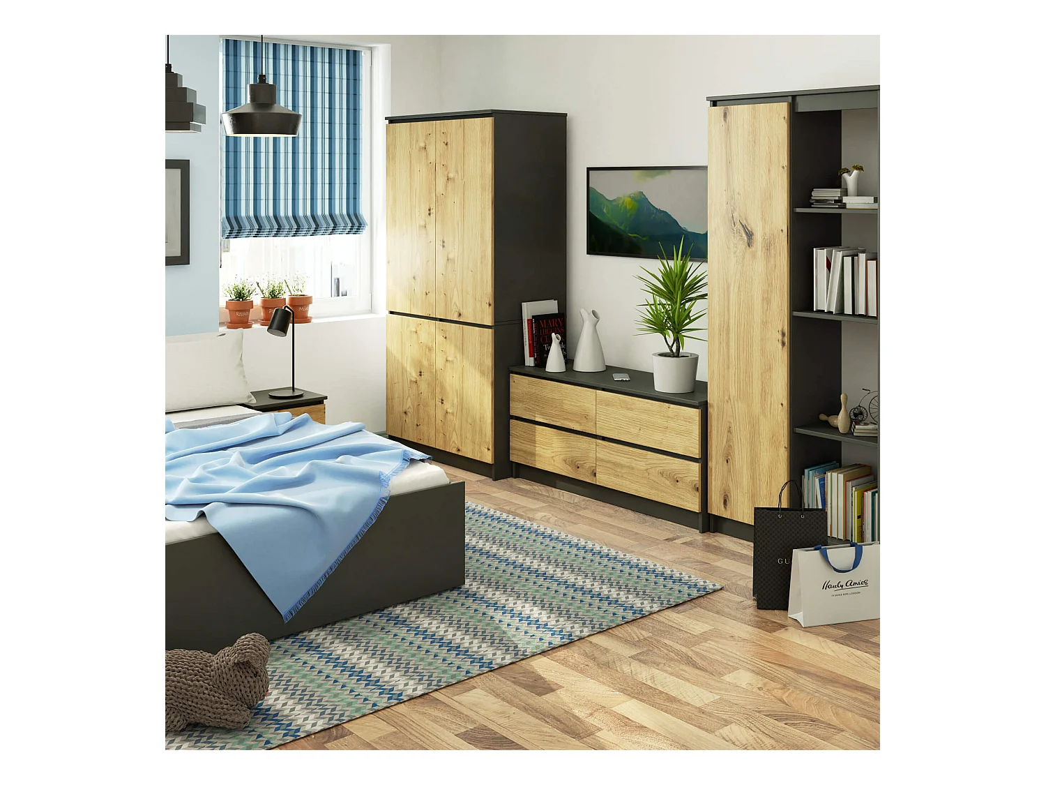 Szafa AKORD S90 4 drzwi Grafit Szary, Dąb Artisan 90x51x180 cm