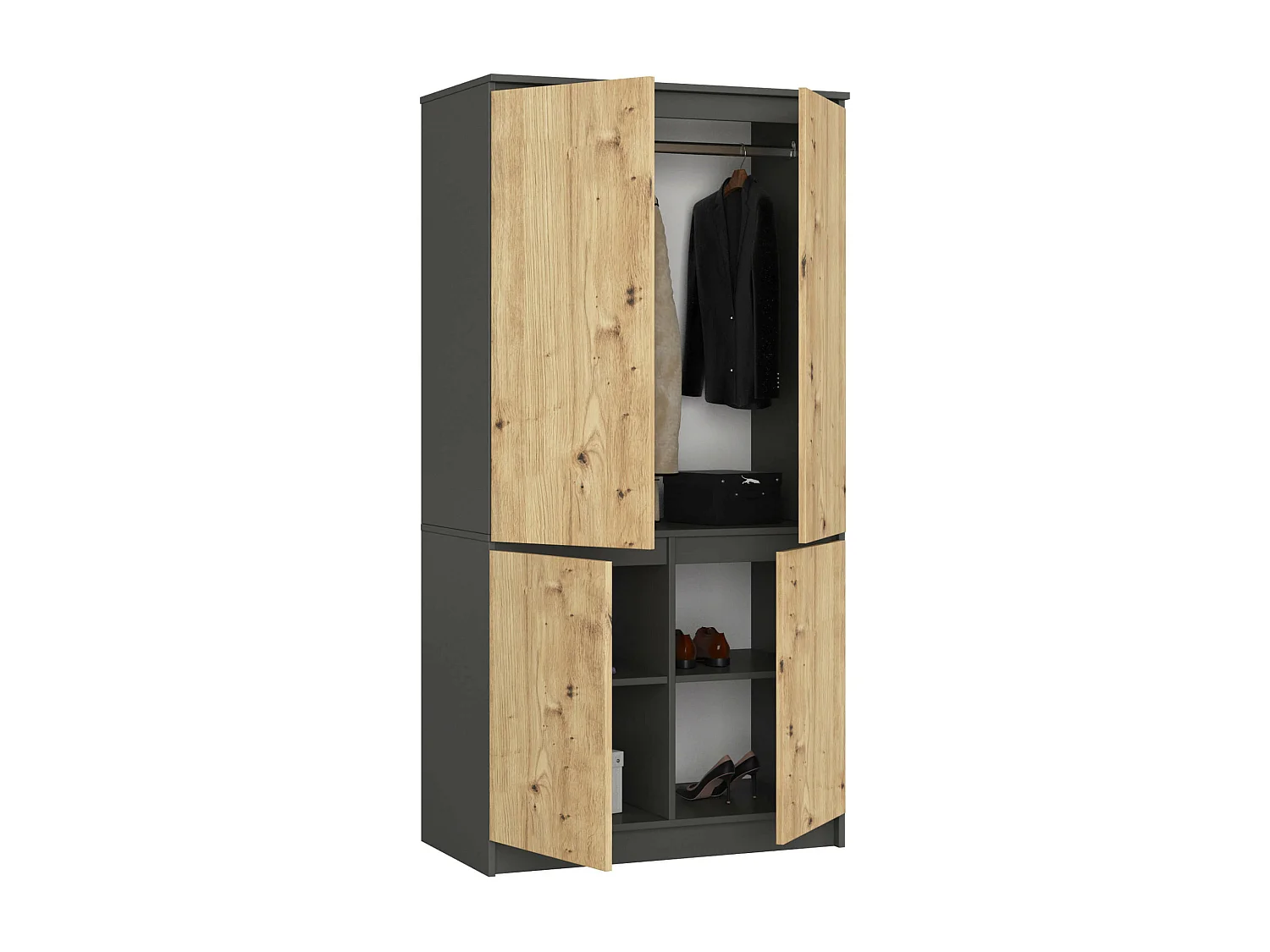 Armoire AKORD S90 Gris Graphite 90 cm 4 portes façade Chêne Artisan 4 étagères 90x51x180 cm