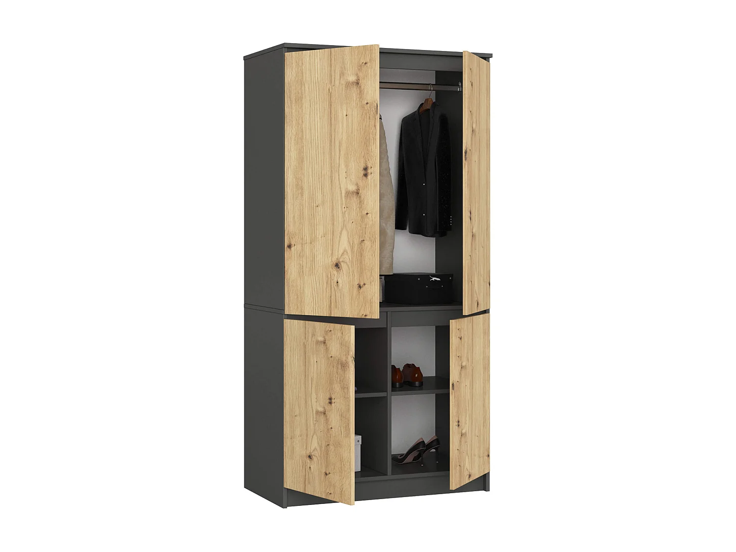 Armoire AKORD S90 Gris Graphite 90 cm 4 portes façade Chêne Artisan 4 étagères 90x51x180 cm