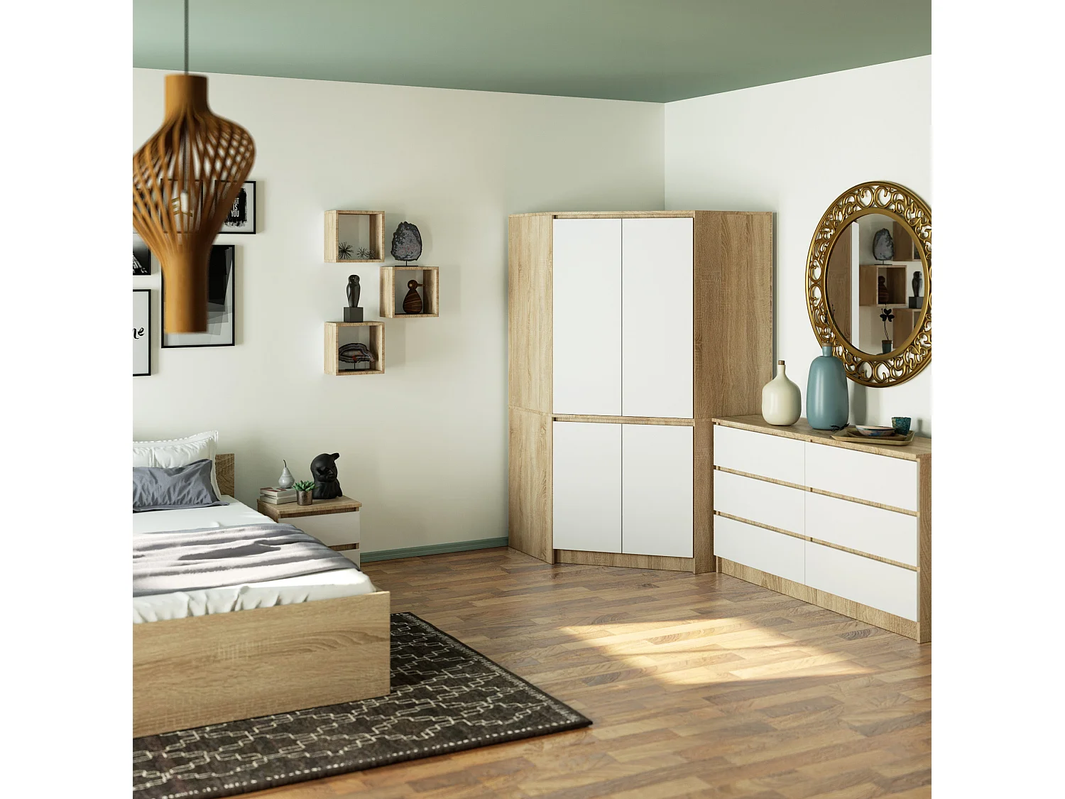 Armadio ad angolo AKORD S100 Sonoma Quercia 100 cm 4 ante inserto frontale Bianco 100x50x180 cm