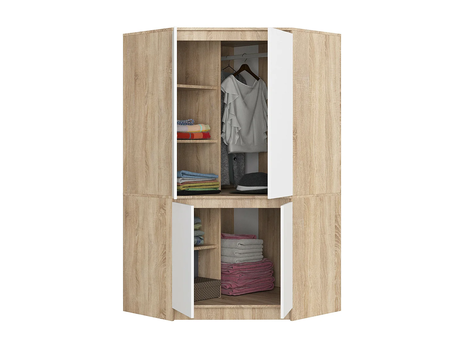 Armoire d'angle AKORD S100 Chêne Sonoma 100 cm 4 portes façade Blanche 6 étagères 100x50x180 cm