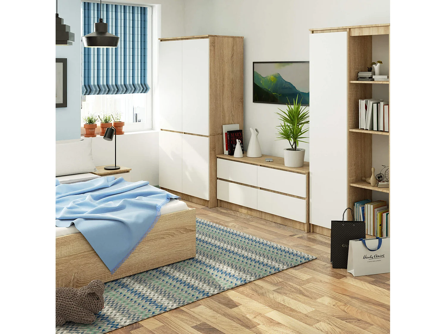 Armoire AKORD S90 Chêne Sonoma 90 cm 4 portes façade Blanche 4 étagères 90x51x180 cm