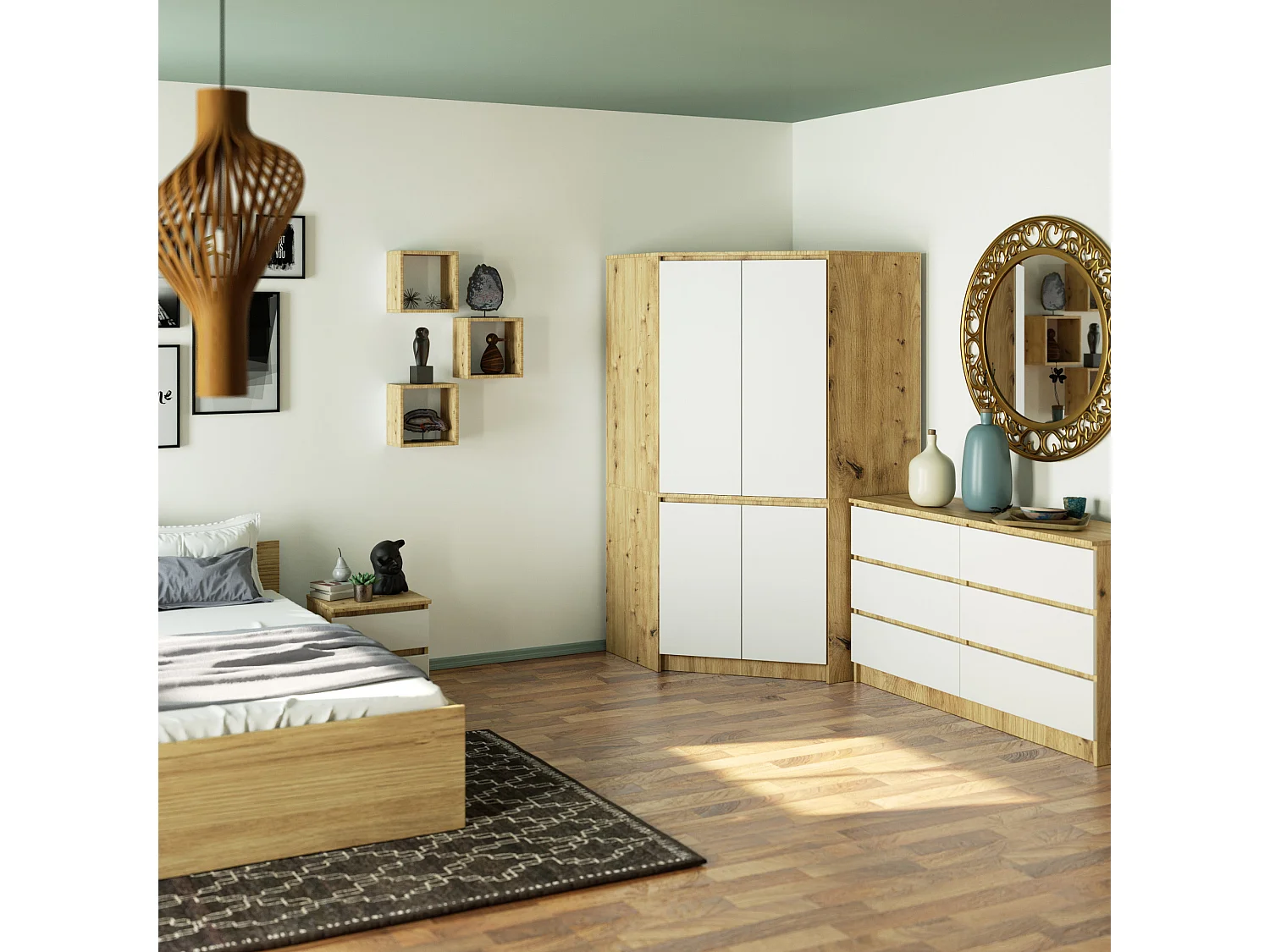 Armadio ad angolo AKORD S100 Quercia Artisan 100 cm 4 ante inserto frontale Bianco 100x50x180 cm