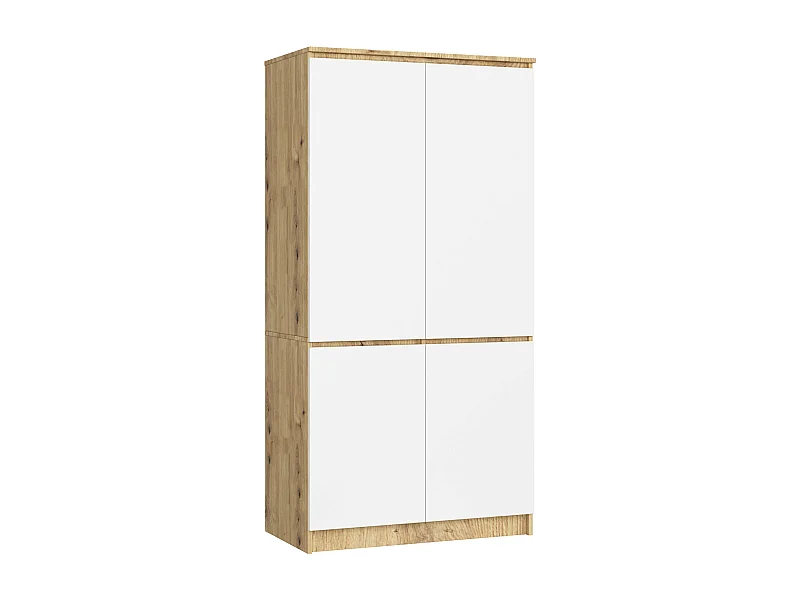 Armoire AKORD S90 Chêne Artisan 90 cm 4 portes façade Blanche 4 étagères 90x51x180 cm