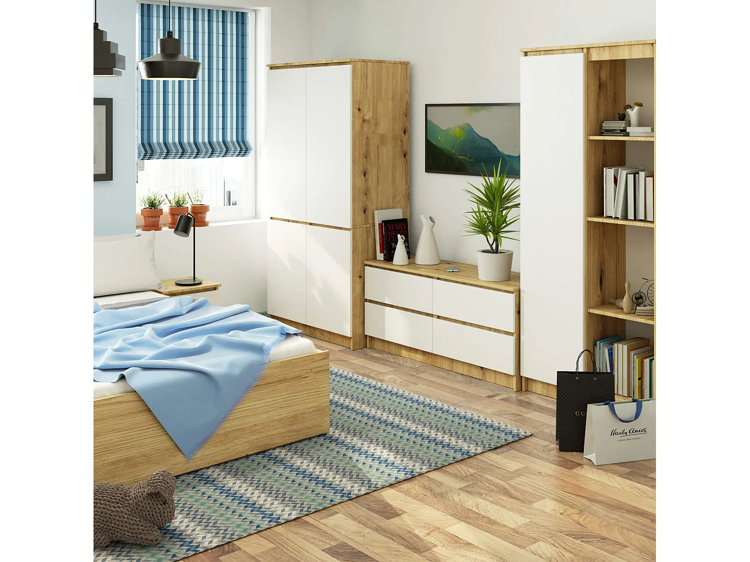 Armoire AKORD S90 Chêne Artisan 90 cm 4 portes façade Blanche 4 étagères 90x51x180 cm