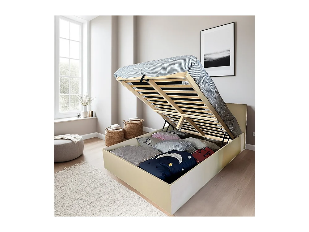 Lit coffre MADRID 140x190 + 1 sommier / Beige effet textile