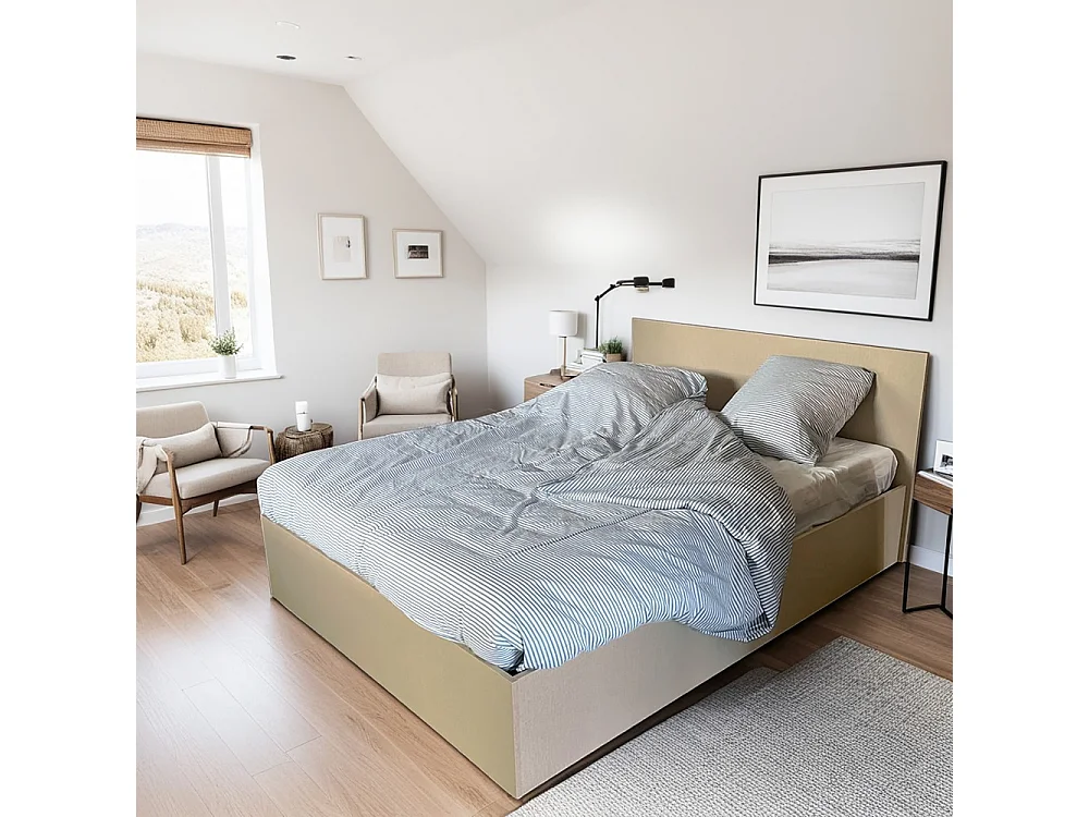 Lit coffre MADRID 140x190 + 1 sommier / Beige effet textile