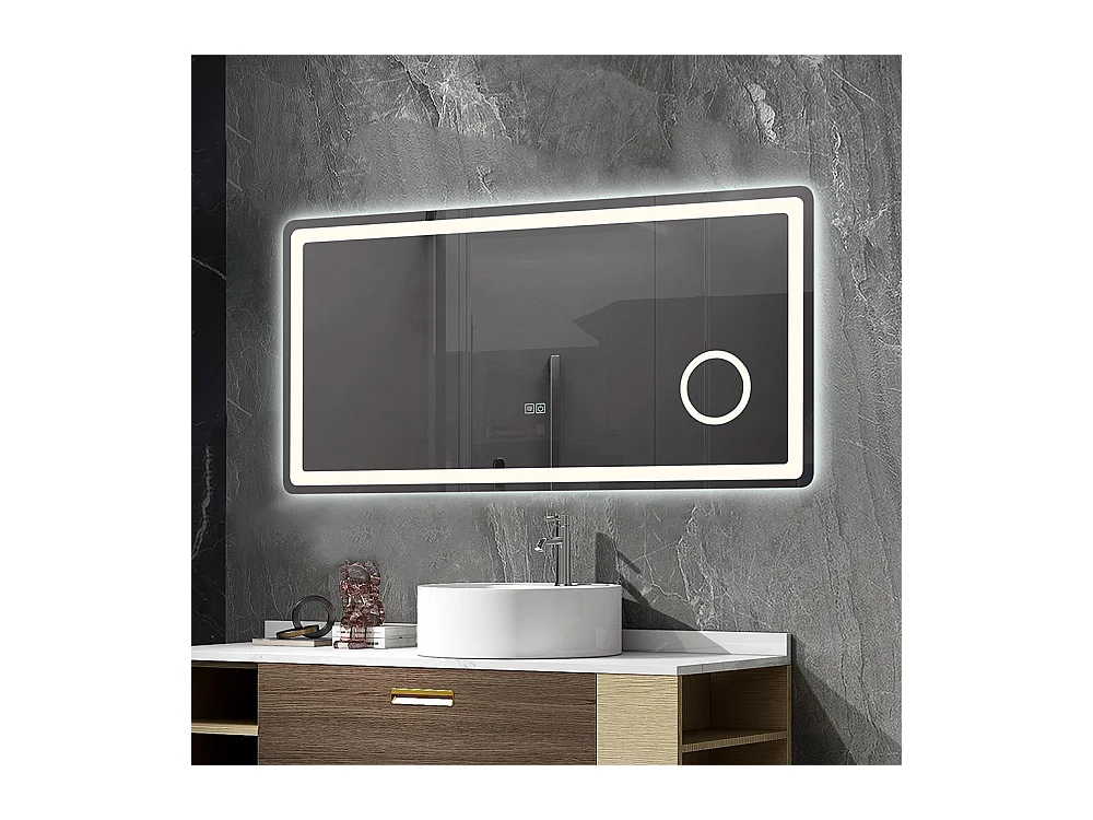 Miroir salle de bain LED 120x60cm anti buée avec LED 3 couleurs et loupe x3 LB-3612