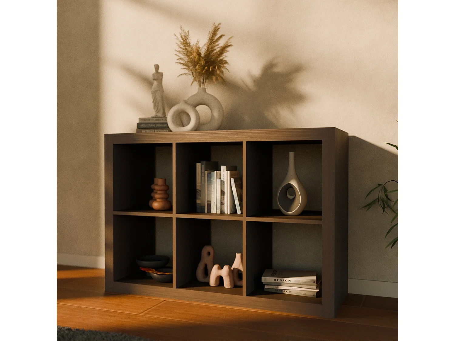 Libreria a 2 livelli con 6 scomparti, noce