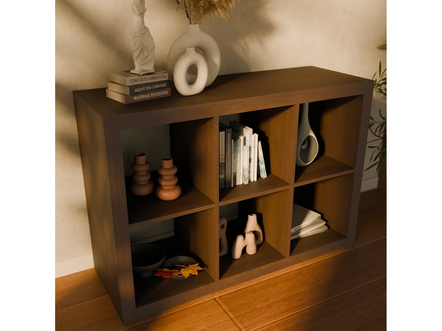 Libreria a 2 livelli con 6 scomparti, noce