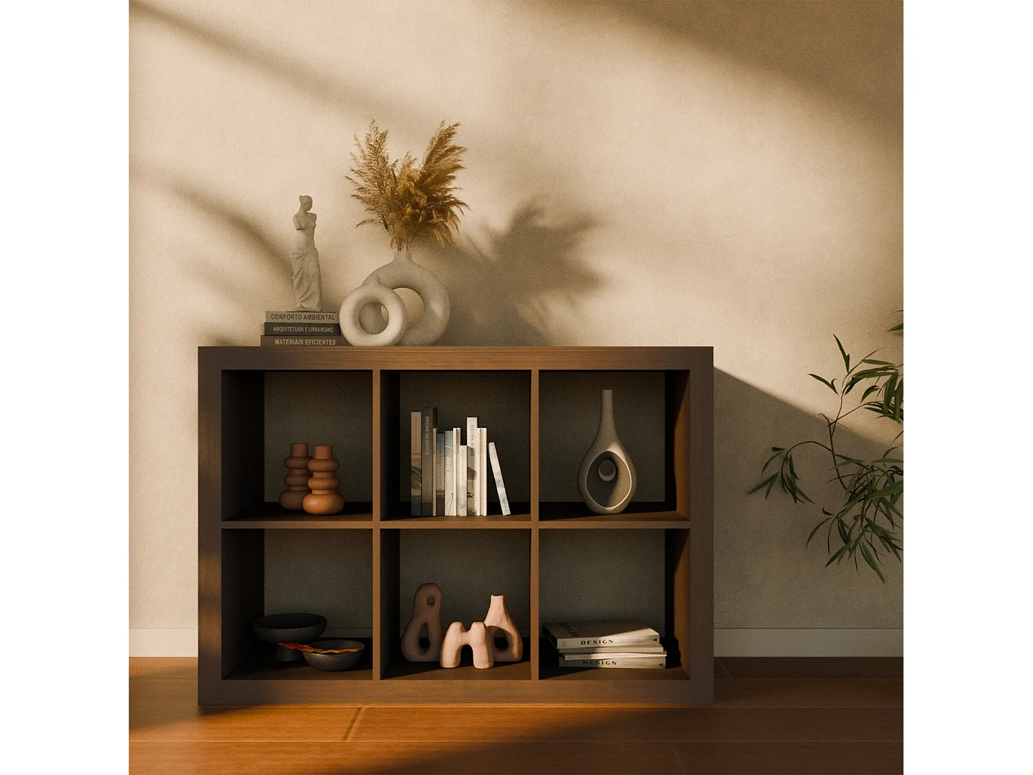 Libreria a 2 livelli con 6 scomparti, noce