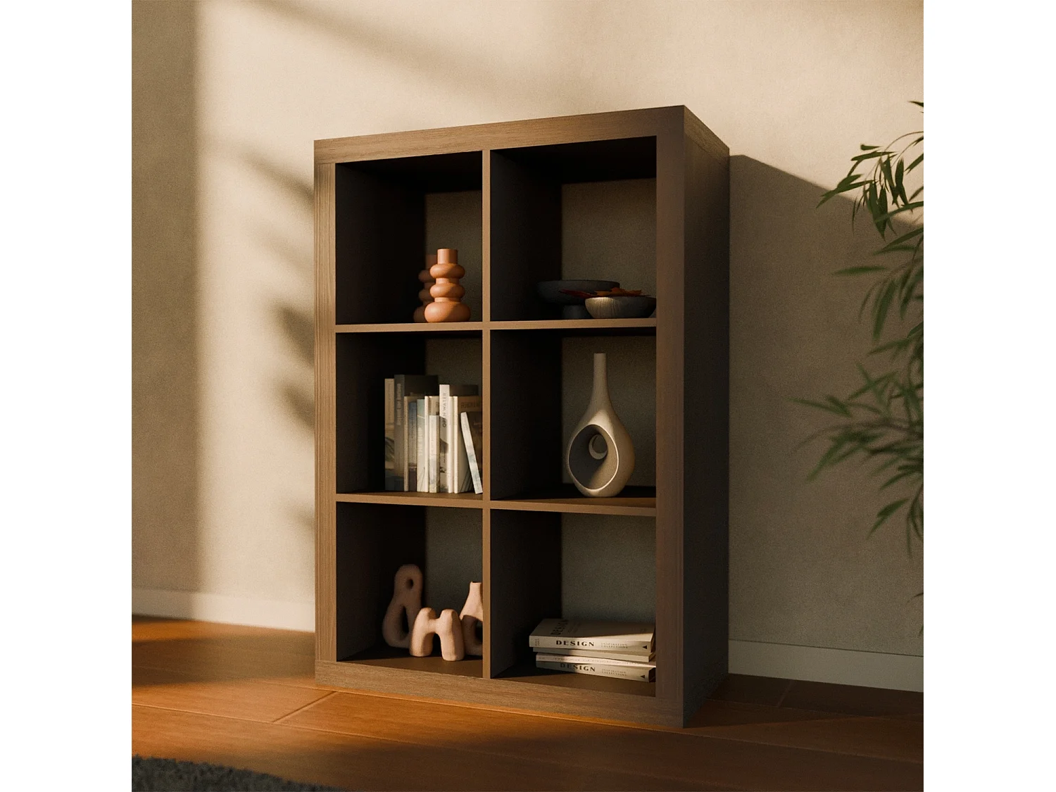 Etagère bibliothèque 2 niveaux 6 compartiments. casiers. effet bois de noyer. L 111.2 x P 39 x H 76cm