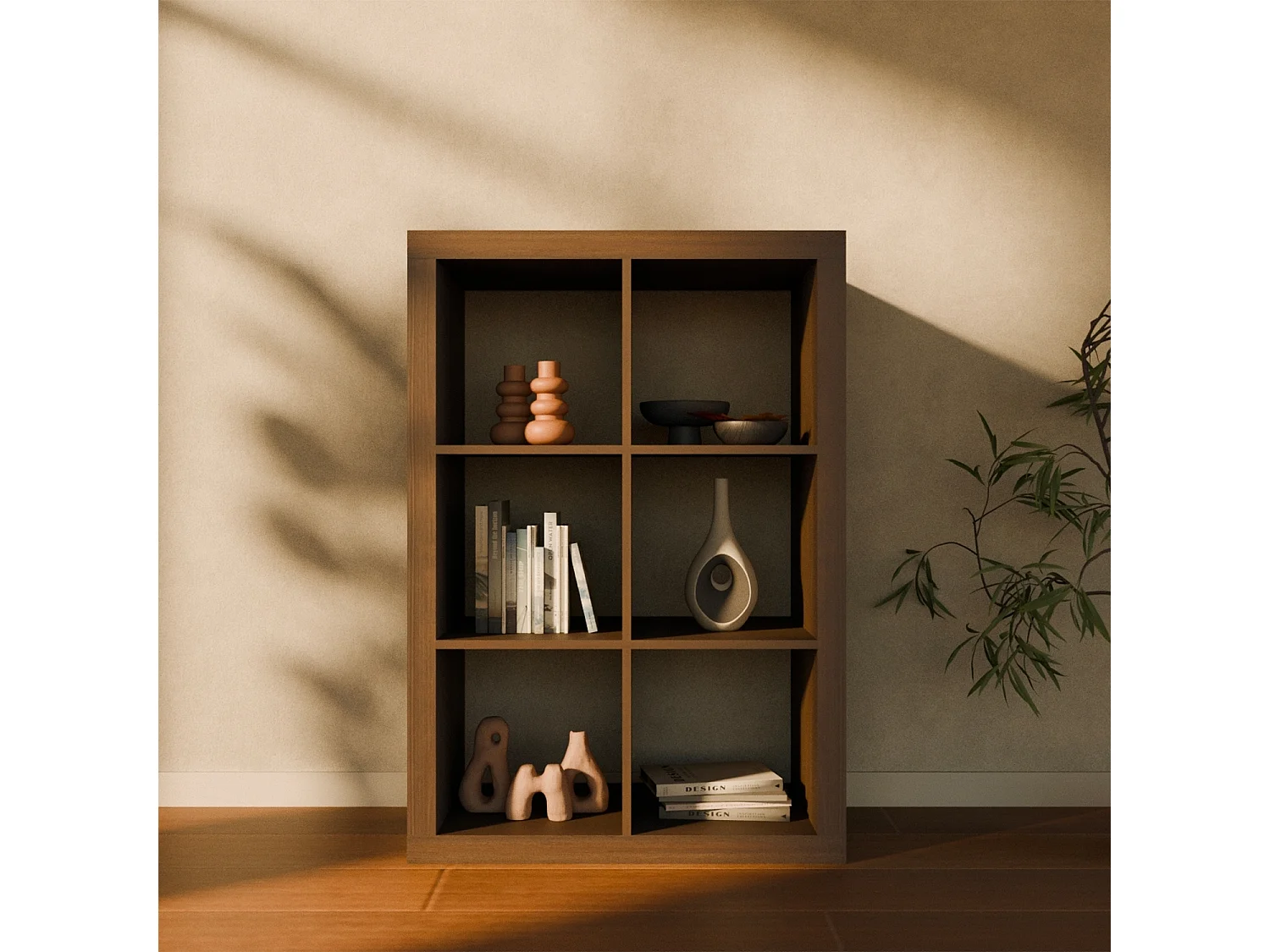 Etagère bibliothèque 2 niveaux 6 compartiments. casiers. effet bois de noyer. L 111.2 x P 39 x H 76cm