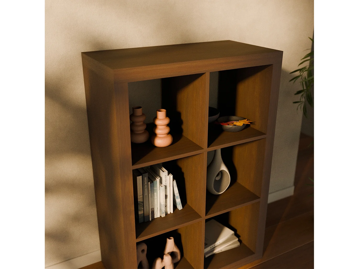 Etagère bibliothèque 2 niveaux 6 compartiments. casiers. effet bois de noyer. L 111.2 x P 39 x H 76cm