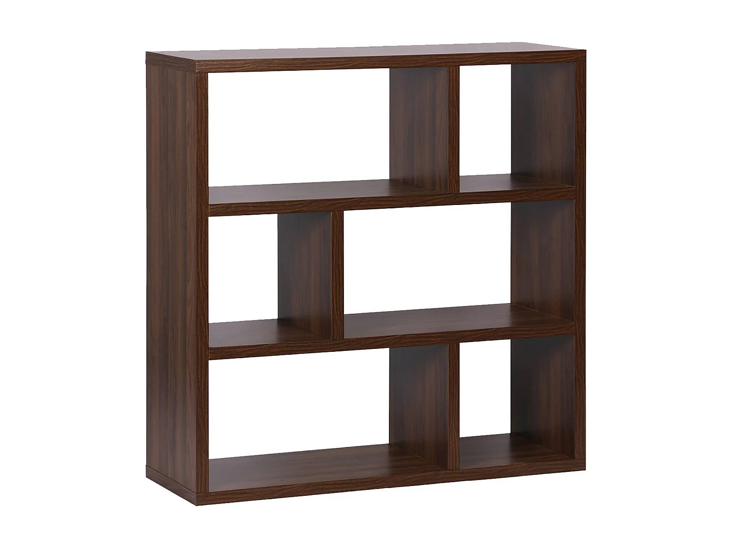 Libreria asimmetrica a 3 livelli con 6 vani, noce