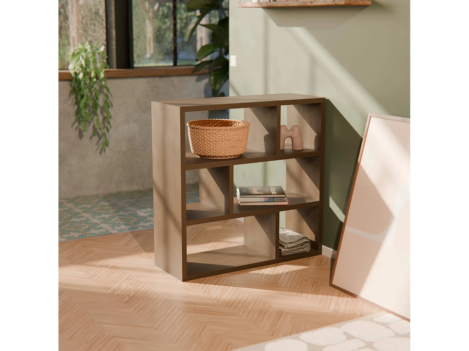 Libreria asimmetrica a 3 livelli con 6 vani, noce